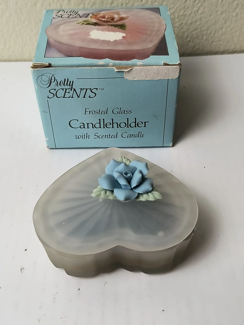 Frosted Glass Heart Candleholder with Blue Candle and Lid - Heart Box
